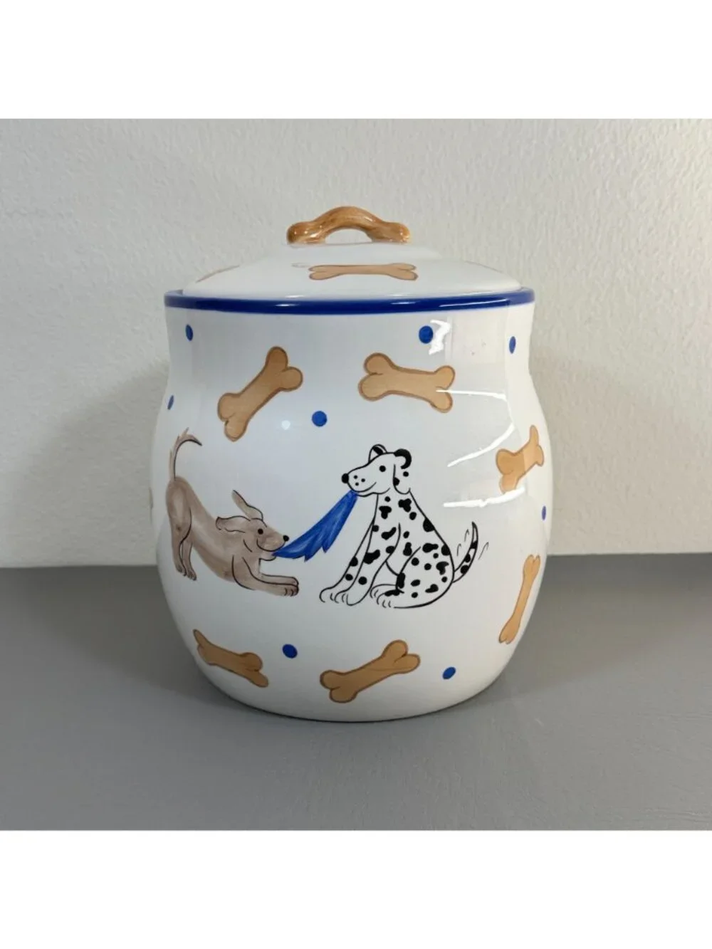 Vintage Ceramic Dog Treat Jar Dalmatian Bones Polka Dot Inspirado Canister 9.5